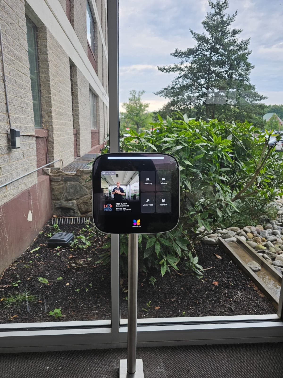 ButterflyMX video intercom on a pedestal mount installed by Innovative Developments